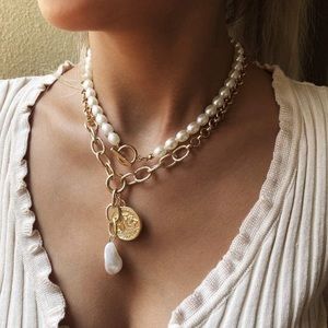 Layered Boho Necklace Charm Pearl 14K